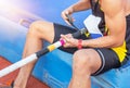Young athlete pole vault preparing for pole jump competition Royalty Free Stock Photo