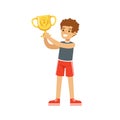 Young athletes boy holding winner cup, kid celebrating his second place cartoon vector Illustration Royalty Free Stock Photo