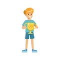 Young athletes boy holding winner cup, kid celebrating his third place cartoon vector Illustration Royalty Free Stock Photo