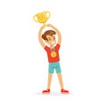 Young athletes boy holding winner cup, kid celebrating his victory cartoon vector Illustration Royalty Free Stock Photo