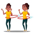 Young Athletic Black Afro American Girl Rotates Hula Hoop Vector. Isolated Illustration