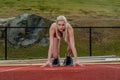 A Young Athletic College Athlete Prepares For A Track Meet At A University Royalty Free Stock Photo