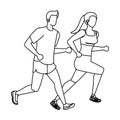 young athletic couple running characters