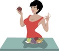 A young athletic girl is following a diet. She leads a healthy lifestyle. She has a bowl of fruit on the table. Cartoon.