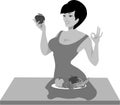 : A young athletic girl is following a diet. She leads a healthy lifestyle. She has a bowl of fruit on the table. Cartoon