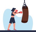 Young athletic woman punches punching bag. Woman boxing in gloves. Young strong girl kickboxing workout, cartoon flat