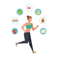 young athletic woman running with healthy icons Royalty Free Stock Photo