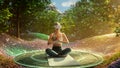 Young Athletic Woman Wearing Virtual Reality Headset, Practising Meditation in Futuristic Way. Her