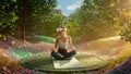 Young Athletic Woman Wearing VR Headset, Practising Meditation in Futuristic Way. Her Consciousness