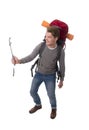 Young atractive traveler backpacker taking selfie photo with stick carrying backpack ready for adventure