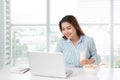 Young attractive asian businesswoman drinking milk while sitting Royalty Free Stock Photo