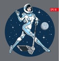 Young attractive astronaut woman in space suit taking selfie. Vector illustration