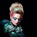 Young attractive blonde girl in bright art-makeup, high hair, body painting. Rhinestones and glitter Royalty Free Stock Photo