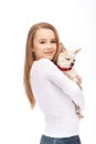 Young attractive blue eyes girl with dog chihuahua Royalty Free Stock Photo