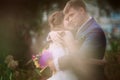 Young attractive bridal couple holding hands outdoors next to tree by lake Royalty Free Stock Photo