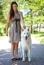 Young attractive caucasian woman with expressive dog of big swiss shepherd breed in green park. Beautiful female and snowy white d Royalty Free Stock Photo