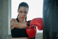 Young attractive Caucasian woman punching a bag with red Boxing Gloves Royalty Free Stock Photo