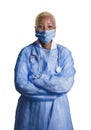 Young attractive and confident black African American medicine doctor wearing face mask and blue scrubs standing corporate in