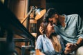 Young attractive couple on date in coffee shop Royalty Free Stock Photo