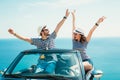 Young attractive couple posing in a convertible car