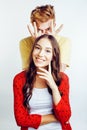 Young attractive couple together having fun happy smiling isolated on white background, emotional posing, lifestyle Royalty Free Stock Photo