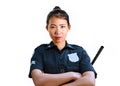 Young attractive and defiant Asian Chinese police officer in uniform holding defense stick serious isolated on white background in