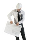 Young attractive engineer rolling up technical drawings Royalty Free Stock Photo