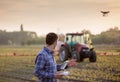 Farmer driving drone above field