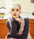 young attractive fashion lady on railway station waiting, vintage people concept in classic interior Royalty Free Stock Photo