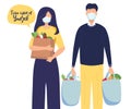 Young attractive fashionable woman and man in Medical mask for prevent virus Covid-19 holding packages with foods