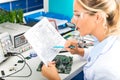 Female electronic engineer checking electronic circuit in laboratory Royalty Free Stock Photo