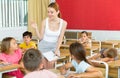 Young attractive female teacher giving lesson to children Royalty Free Stock Photo