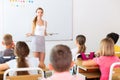 Young attractive female teacher giving lesson to children Royalty Free Stock Photo