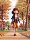 Young attractive girl with a bag walking to school in an autumn park, 3d illustration, AI rendering