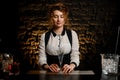 Young attractive girl bartender is standing at the bar. Royalty Free Stock Photo