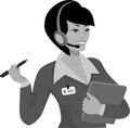 Young attractive girl call center operator. Cartoon. black, grey, white