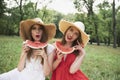 Young attractive girls on a picnic in a city park Royalty Free Stock Photo