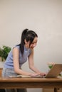 Young attractive happy Asian female student standing in the living room smiling and looking at the camera while working Royalty Free Stock Photo