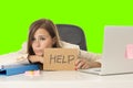 Young attractive sad and desperate businesswoman suffering stress at office laptop computer desk green croma key background