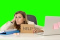 Young attractive sad and desperate businesswoman suffering stress at office laptop computer desk green croma key background Royalty Free Stock Photo