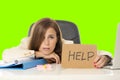 Young attractive sad and desperate businesswoman suffering stress at office laptop computer desk green croma key background Royalty Free Stock Photo