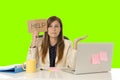 Young attractive sad and desperate businesswoman suffering stress at office laptop computer desk green croma key background