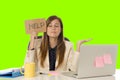 Young attractive sad and desperate businesswoman suffering stress at office laptop computer desk green croma key background Royalty Free Stock Photo
