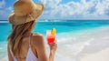 young attractive sexy woman on vacation by sea, tropical beach, drinking cocktail Royalty Free Stock Photo