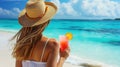 young attractive sexy woman on vacation by sea, tropical beach, drinking cocktail Royalty Free Stock Photo