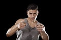 Young attractive sport man big strong athletic body pointing in join my fitness club gym concept Royalty Free Stock Photo