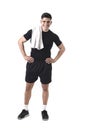 Young attractive sport man with fit strong body holding towel on his shoulder smiling happy Royalty Free Stock Photo