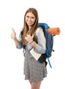Young attractive tourist woman smiling happy carrying backpack and city map on holidays tourism concept