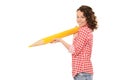 Young attractive woman with big yellow pencil Royalty Free Stock Photo