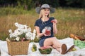 Young attractive woman in a blue dress at an outdoor picnic. A basket with daisies, watermelon, strawberries and a glass Royalty Free Stock Photo